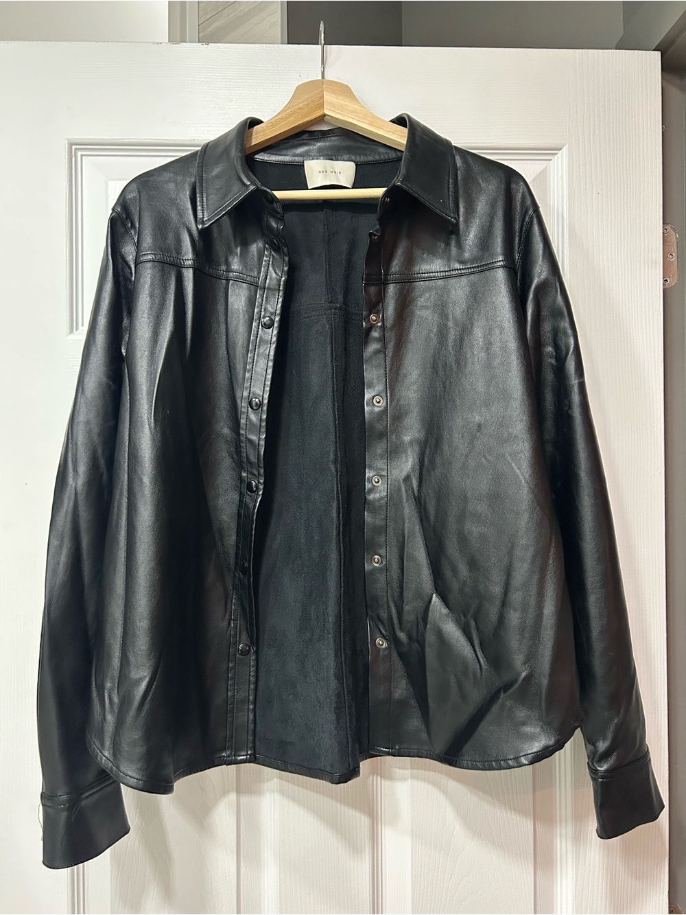 Classic Black Faux Leather Button-Front Jacket